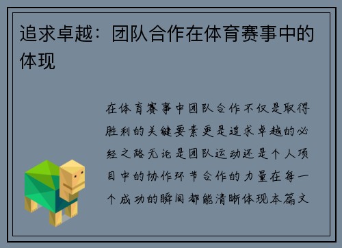 追求卓越：团队合作在体育赛事中的体现